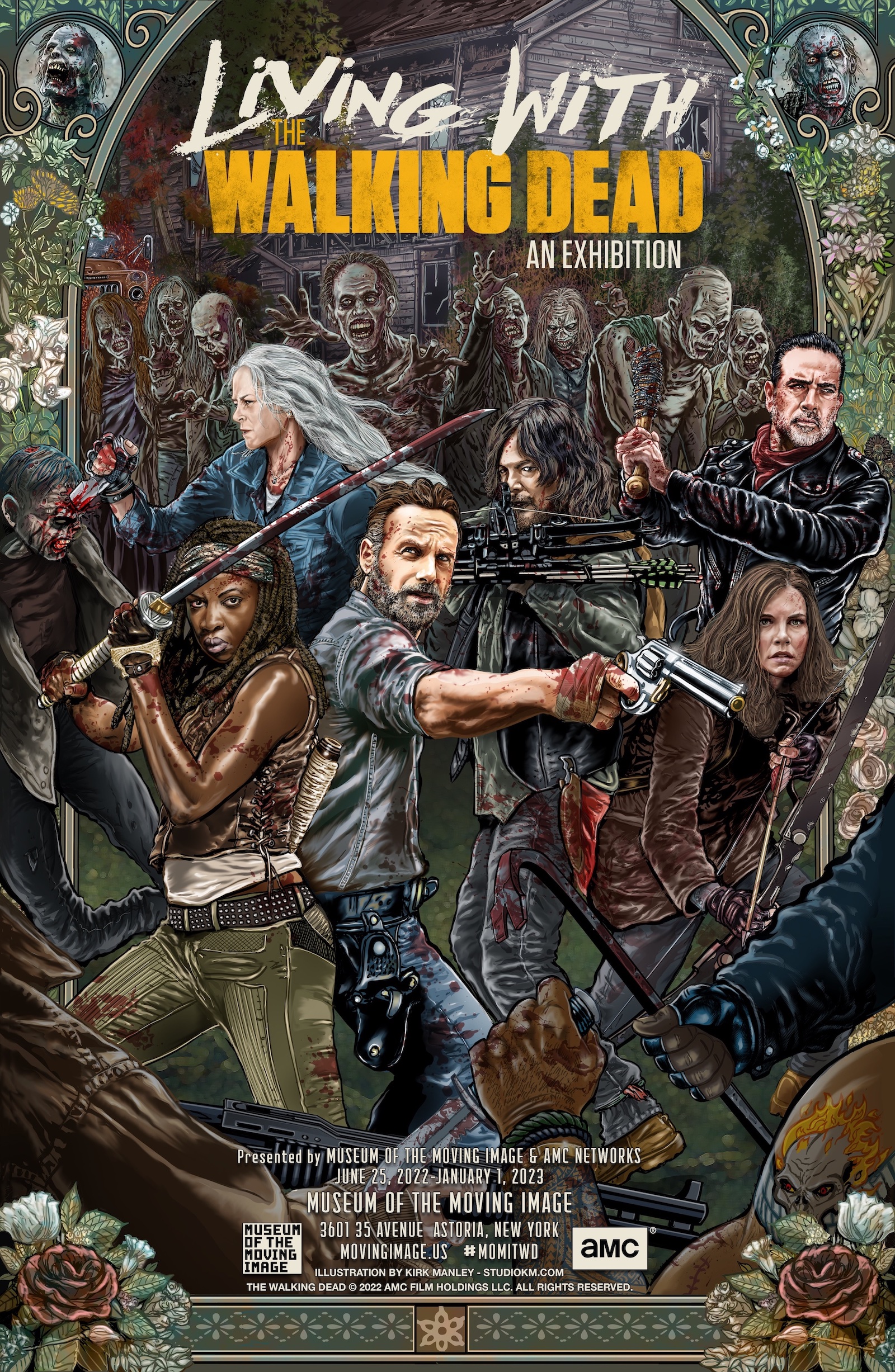 hand-drawn art in color showing six main characters from The Walking Dead surrounded by zombies and a delicate floral frame around the edge